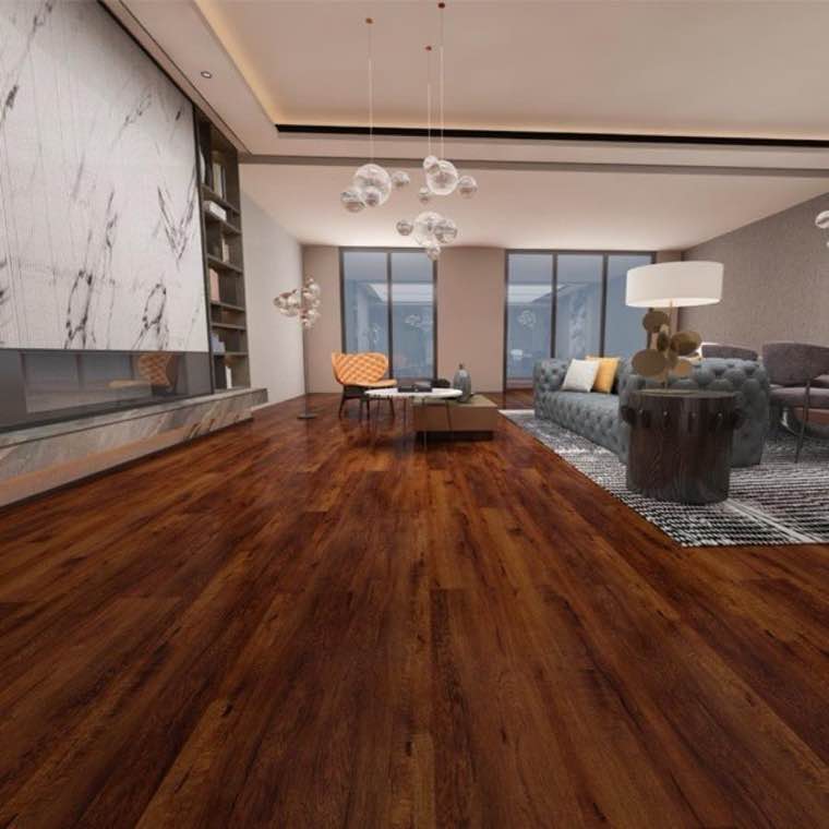 Rich walnut engineered wood flooring in a luxurious modern living room