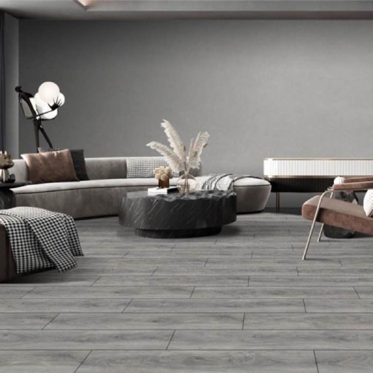 Grey Oceanus waterproof SPC vinyl plank flooring in a contemporary living room