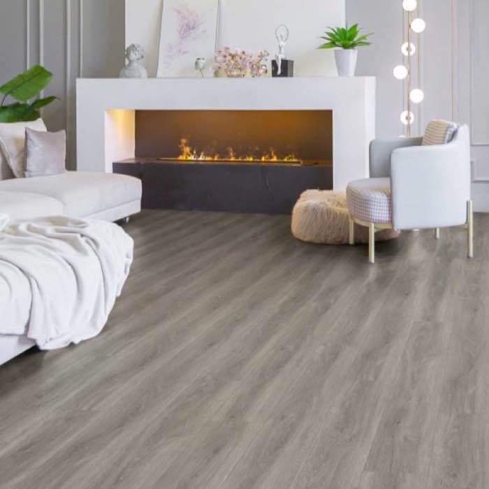 Grey Oceanus waterproof SPC vinyl plank flooring in a contemporary living room