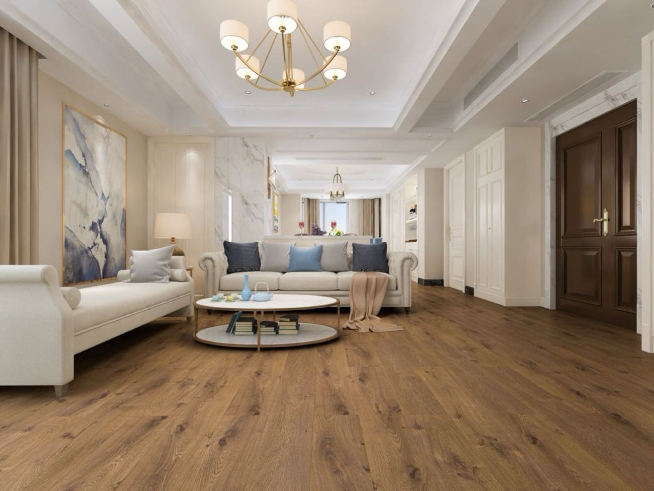 Warm wood-look waterproof laminate flooring in a bright modern living room by Oceanus Flooring