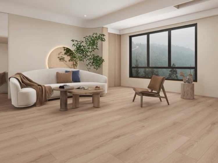 Cayman 12mm waterproof laminate flooring styled in a bright room