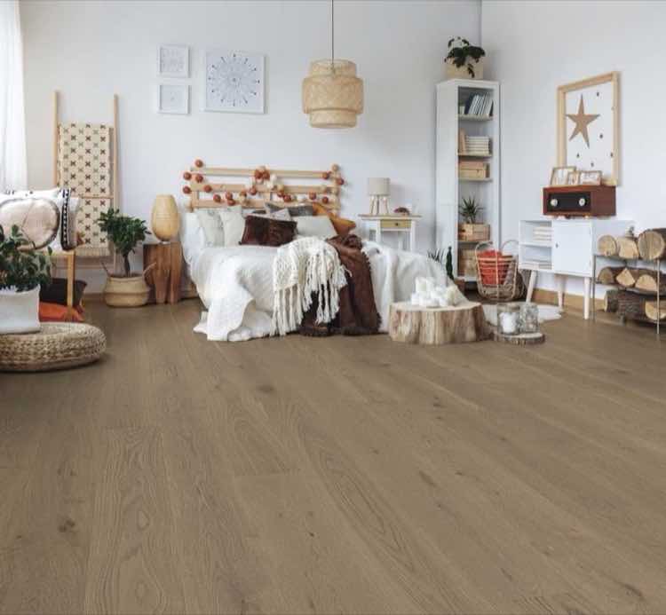 Long Beach smoked European oak flooring shown in a styled interior