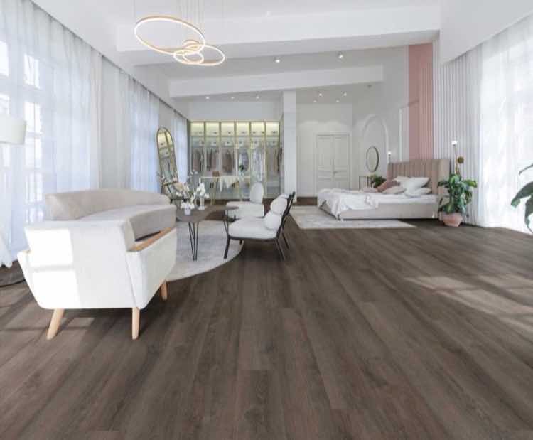 Wood-look dry-back glue-down vinyl plank flooring in an open commercial space