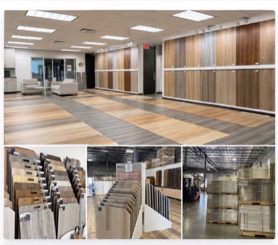 Oceanus Flooring showroom and warehouse in Stafford, TX with wood-look flooring displays and sample racks