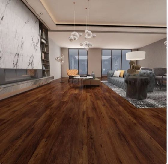 Dark walnut waterproof SPC vinyl plank flooring in a bright modern living room by Oceanus Flooring